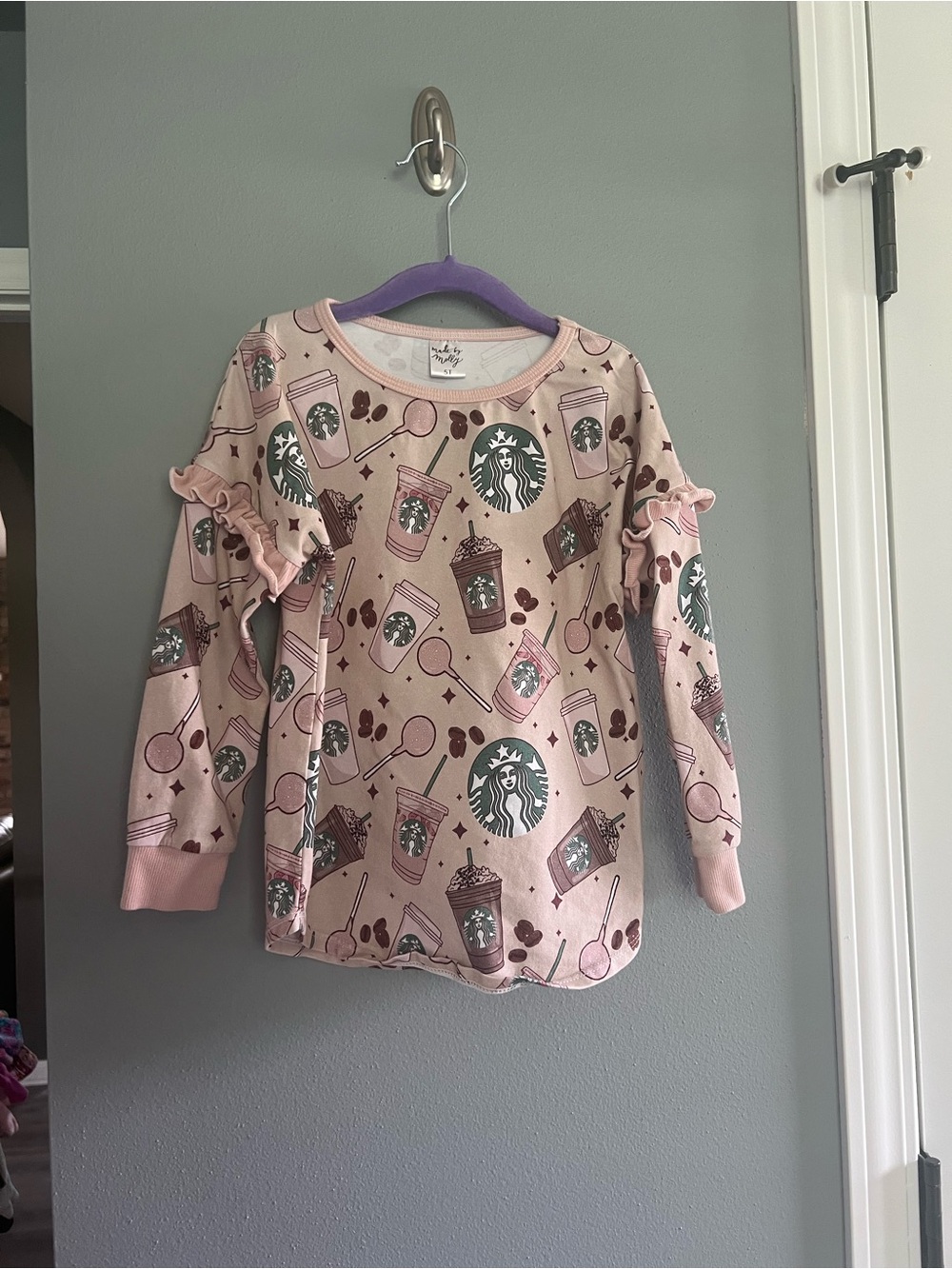 Girls Starbucks Print Long Sleeve Top with Ruffle Detail